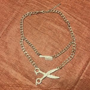 Sliver chain and diamond comb & scissors necklace